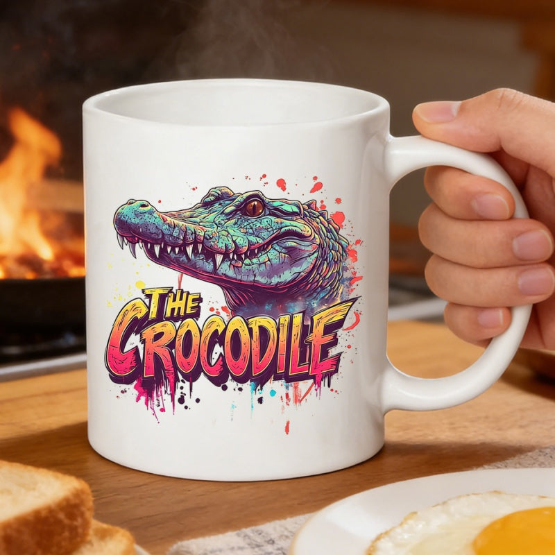 Tailorly White Ceramic 11 oz Mug - The Crocodile Vibrant Artistic Design Featuring Splatters And A Colorful Texture Crocodile