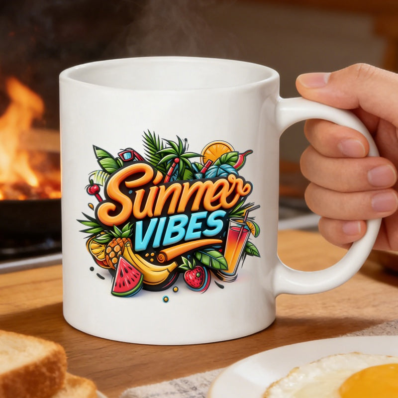 Tailorly White Ceramic 11 oz Mug - Summer Vibes Colorful Tropical Fruits With Palm Leaves And Refreshing Cocktail Illustration