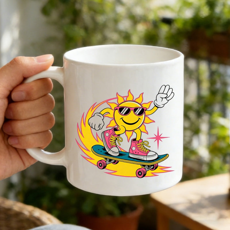 Tailorly White Ceramic 11 oz Mug - Retro Cartoon Character Riding A Skateboard Wearing Sunglasses And Sneakers Sun