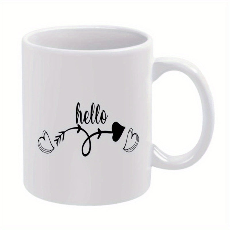 Tailorly White Ceramic 11 oz Mug - Hello Minimalist Style Curving Arrow Combined With Simple Outline Hearts Heart