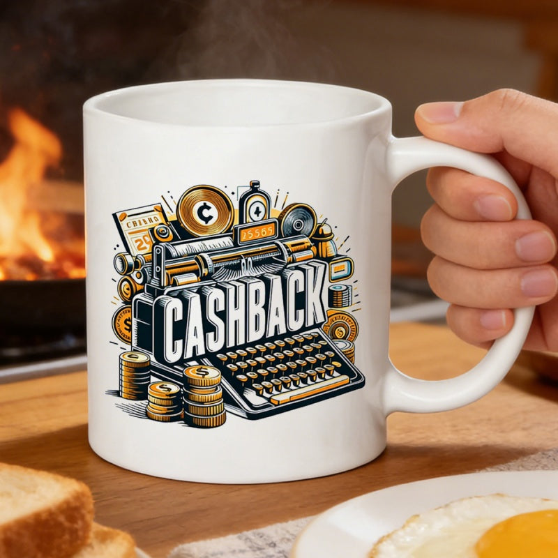 Tailorly White Ceramic 11 oz Mug - Cashback Vintage Mechanical Device With Stacked Golden Luxury Coins Typewriter