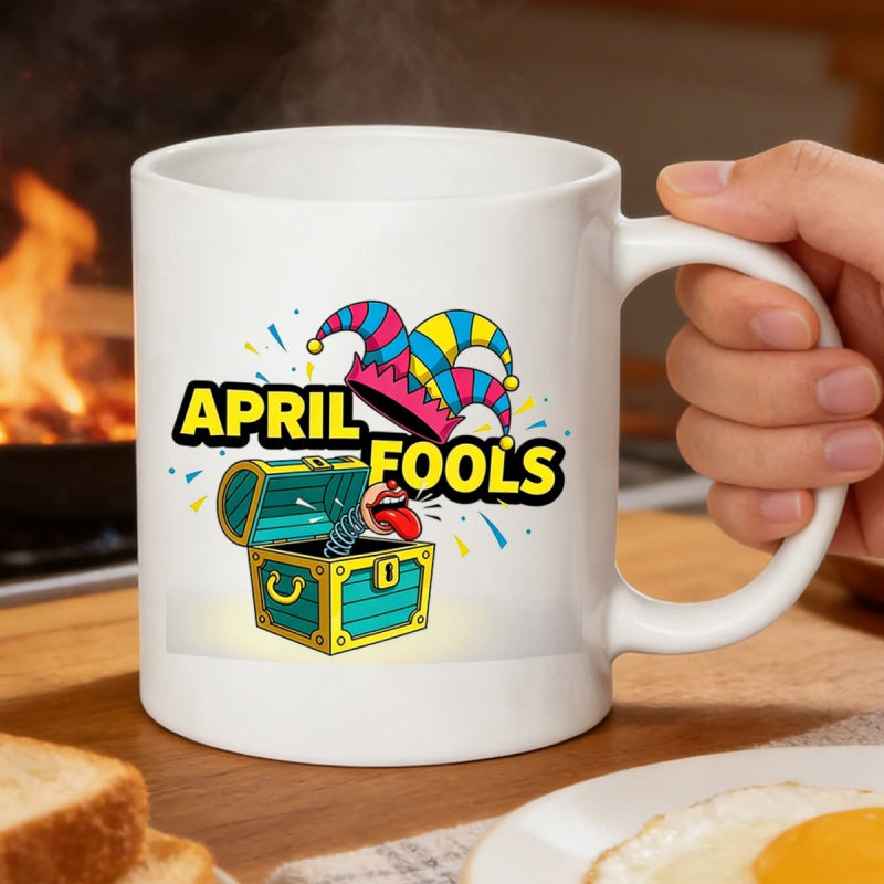 Tailorly White Ceramic 11 oz Mug - April Fools Colorful Striped Jester Hat Jumping From A Turquoise Wooden Treasure Chest