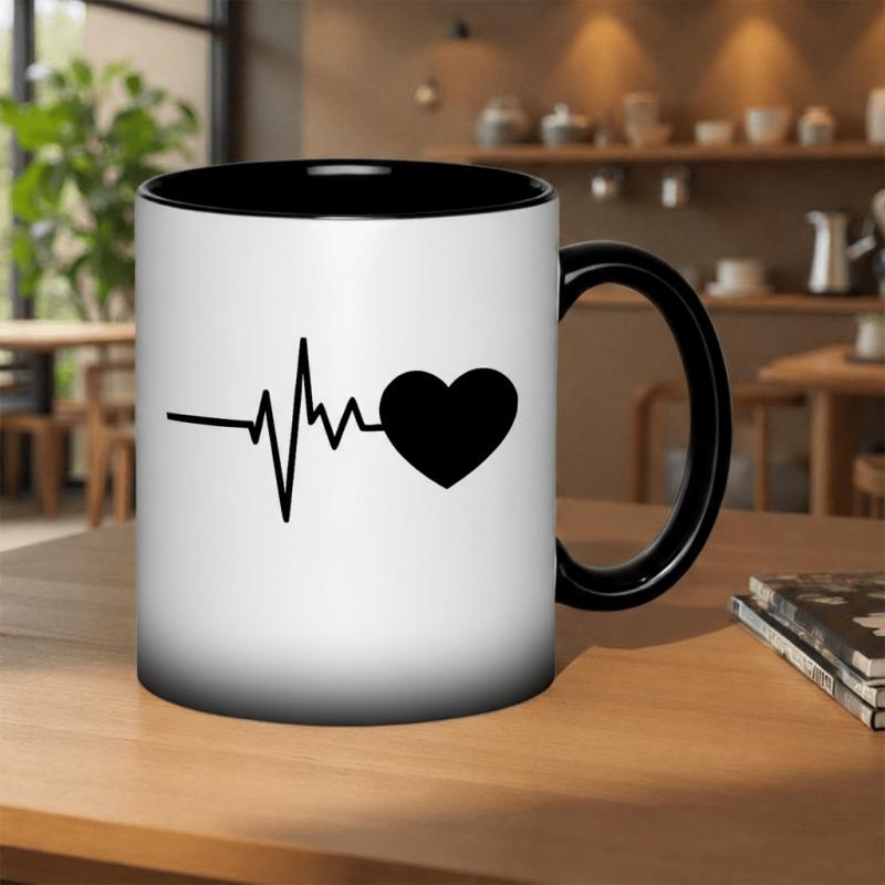 Tailorly Black Accent 11 oz Mug - heartbeat ekg line with black heart