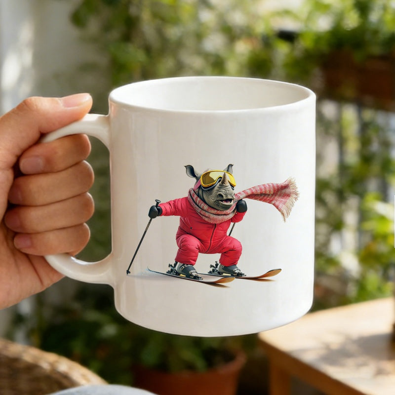 Tailorly White Ceramic 11 oz Mug - Funny Animal Wearing Red Ski Suit And Goggles Gliding On Snowy Slopes Rhino