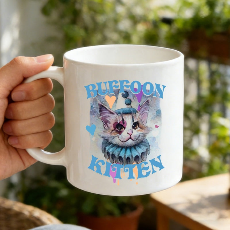 Tailorly White Ceramic 11 oz Mug - Buffoon Kitten Adorable Clown Style Cat With Ruffled Collar And Tiny Hearts Kitten