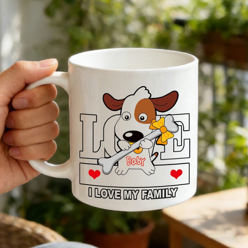 Tailorly White Ceramic 11 oz Mug - Love Baby I Love My Family Cute Cartoon Puppy Holding A Bone Decorated With Yellow Ribbon Dog