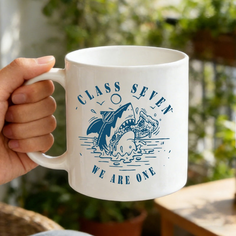Tailorly White Ceramic 11 oz Mug - Class Seven We Are One Cartoon Shark Jumping From Waves Eating A Tasty Pizza Slice Shark