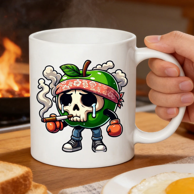 Tailorly White Ceramic 11 oz Mug - Cartoon Character Of A Smoking Crying Skull Inside A Green Apple