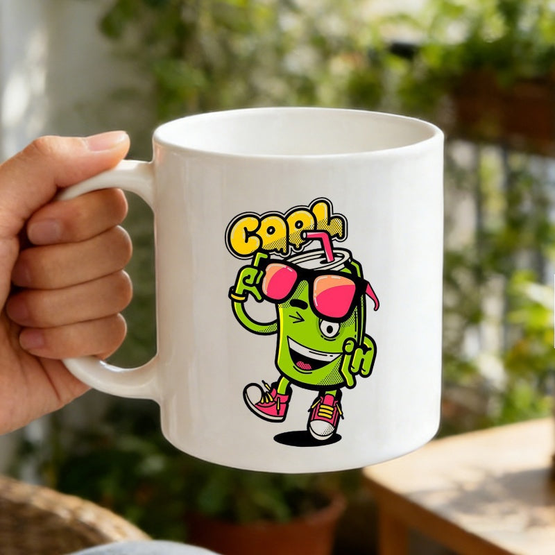 Tailorly White Ceramic 11 oz Mug - Cool Vibrant Green Cartoon Character Wearing Pink Sunglasses And Sneakers Can