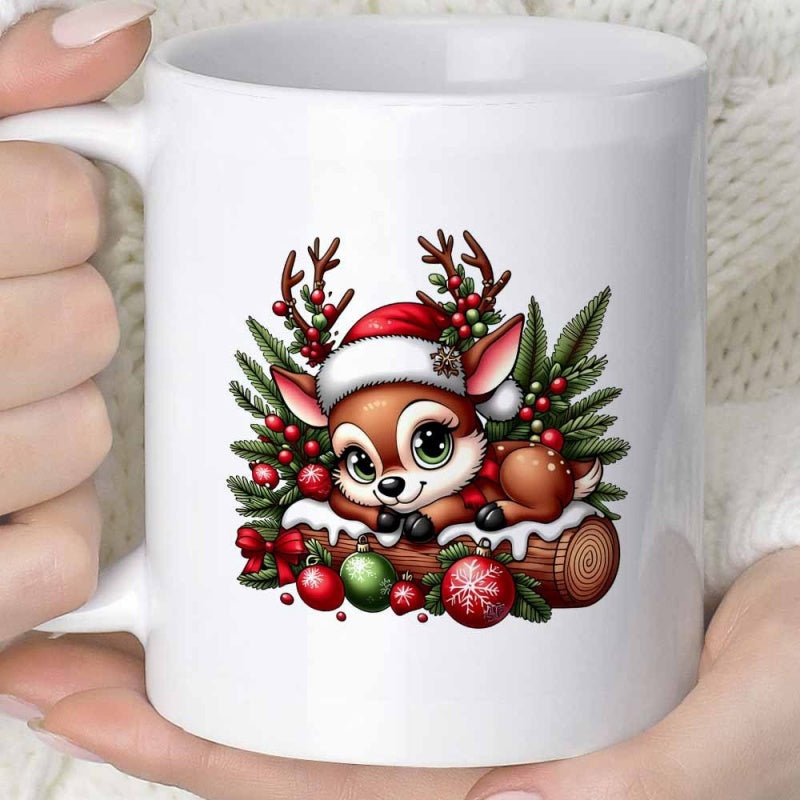 Tailorly White Ceramic 11 oz Mug - Festive Holiday Decorations Surrounding A Small Cute Sleeping Cartoon Reindeer