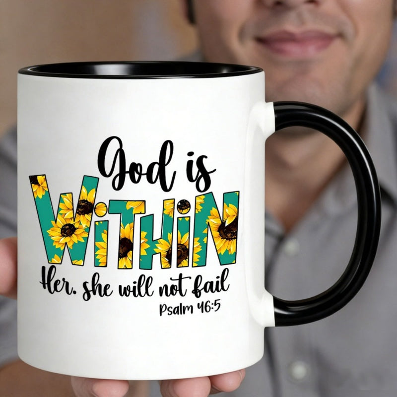 Tailorly Black Accent 11 oz Mug - teal yellow sunflower lettering not bible verse psalm 46 5