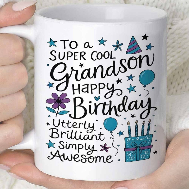 Tailorly White Ceramic 11 oz Mug - To A Super Cool Grandson Happy Birthday Utterly Brilliant Simply Awesome Festive Birthday Elements With Blue Balloons And Small