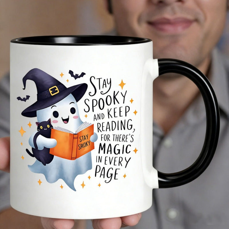 Tailorly Black Accent 11 oz Mug - cute witch hat reading book， spooky， keep reading quote， black cat， halloween theme