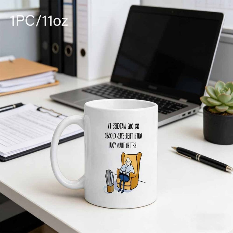 Tailorly White Ceramic 11 oz Mug - No One Watches Tv With Eyes Closed But My Dad Does Cartoon Man Relaxing In A Cozy Yellow Armchair Watching Small Television Mug