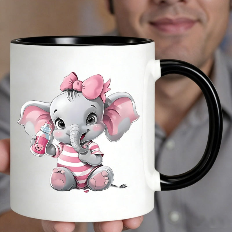 Tailorly Black Accent 11 oz Mug - cute elephant wearing pink striped onesie holding a bottle