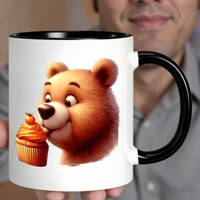 Tailorly Black Accent 11 oz Mug - cute bear with cupcake