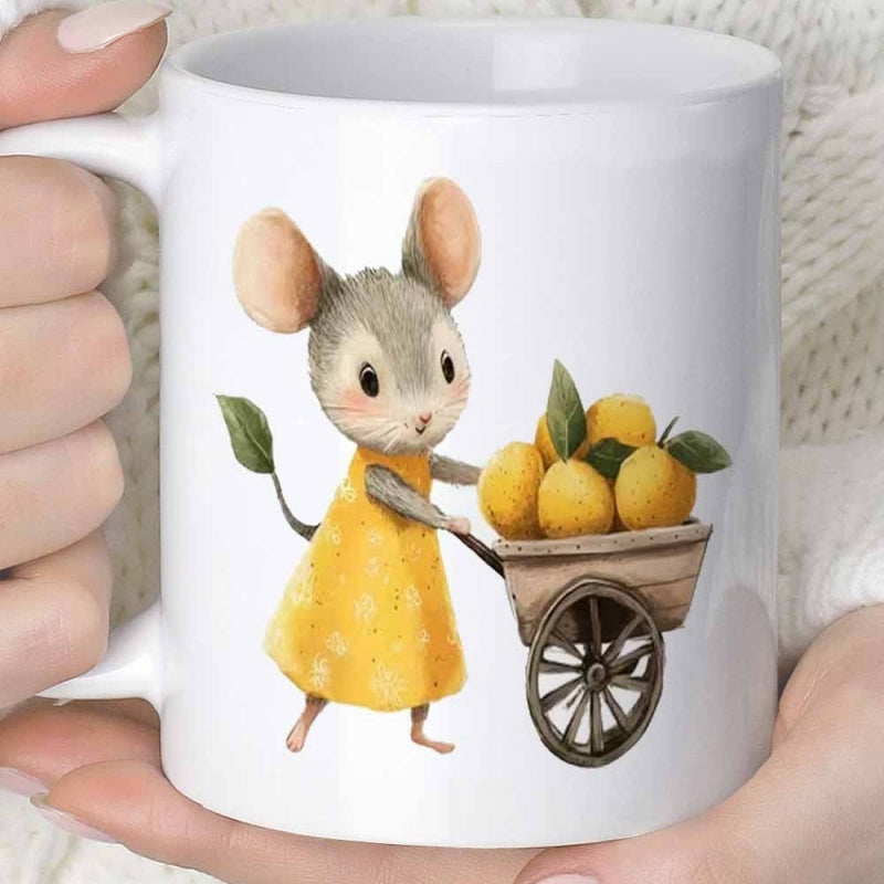 Tailorly White Ceramic 11 oz Mug - Adorable Little Creature Wearing Yellow Polka Dot Dress Pushing Lemon Wheelbarrow Mouse