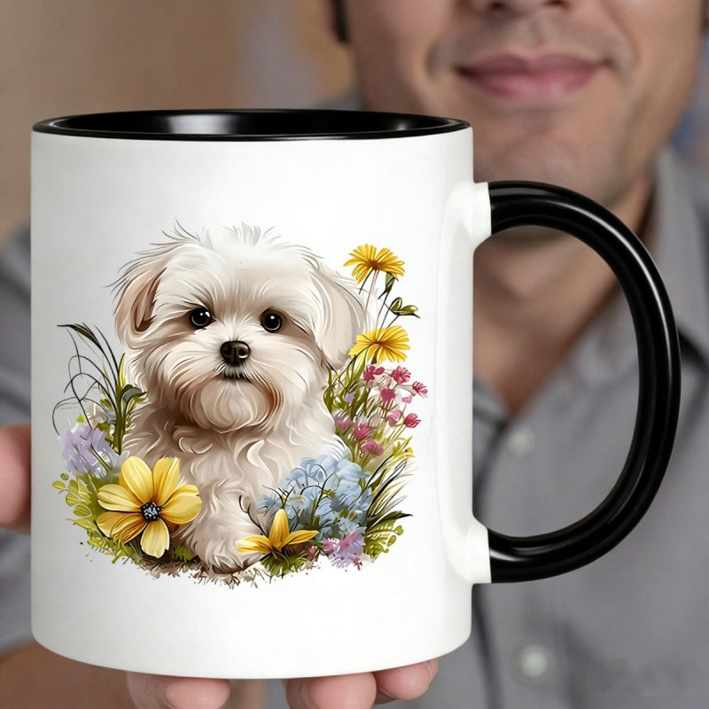 Tailorly Black Accent 11 oz Mug - white fluffy dog with colorful flowers