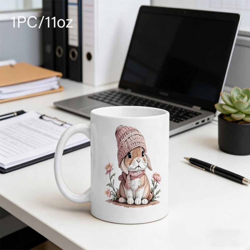 Tailorly White Ceramic 11 oz Mug - Adorable Bunny Wearing A Pink Knitted Beanie And Scarf With Spring Flowers Rabbit