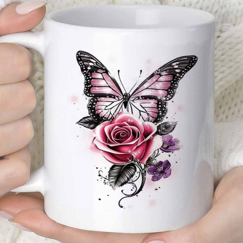 Tailorly White Ceramic 11 oz Mug - Graceful Pink Butterfly Resting Upon A Beautiful Blooming Garden Rose