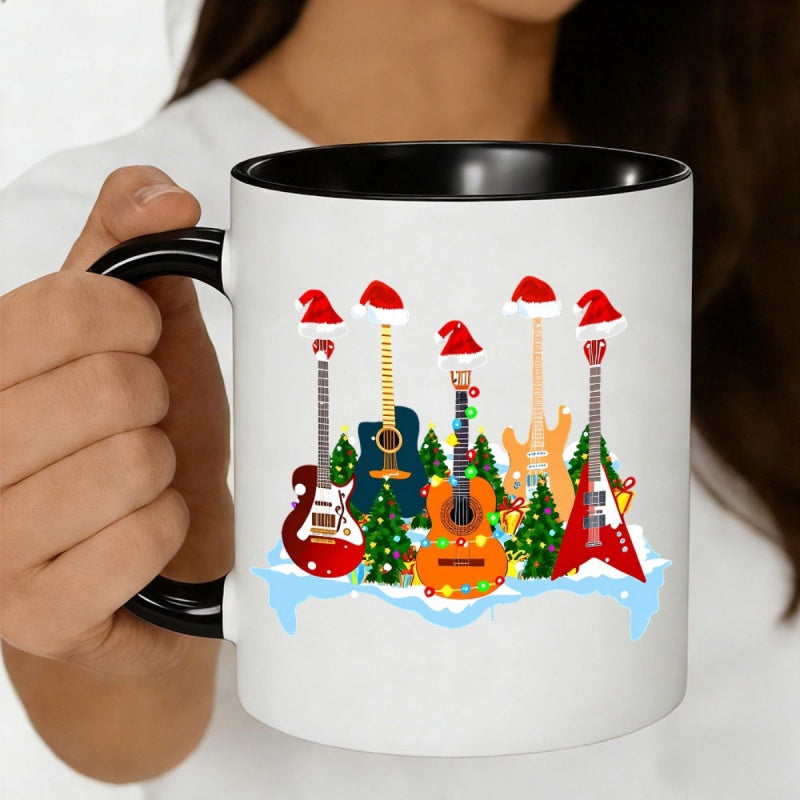 Tailorly Black Accent 11 oz Mug - christmas guitar santa hats christmas trees music Christmas lovers