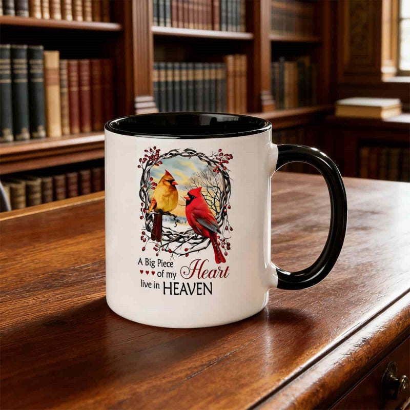 Tailorly Black Accent 11 oz Mug - winter bird and snowy branch with berry accents