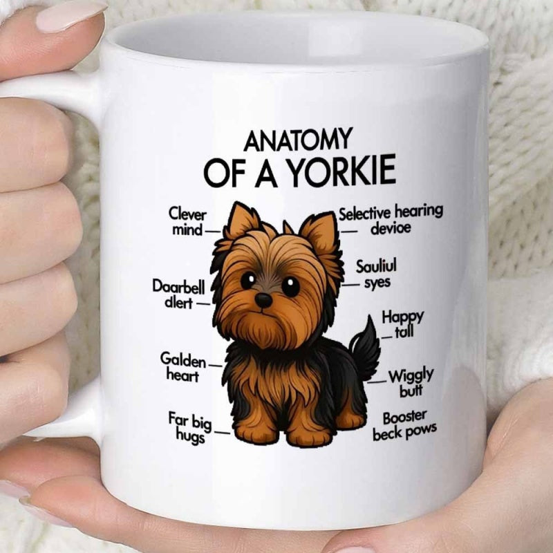 Tailorly White Ceramic 11 oz Mug - Anatomy Of A Yorkie Cute Sitting Brown Puppy With Humorous Text Pointers Yorkie