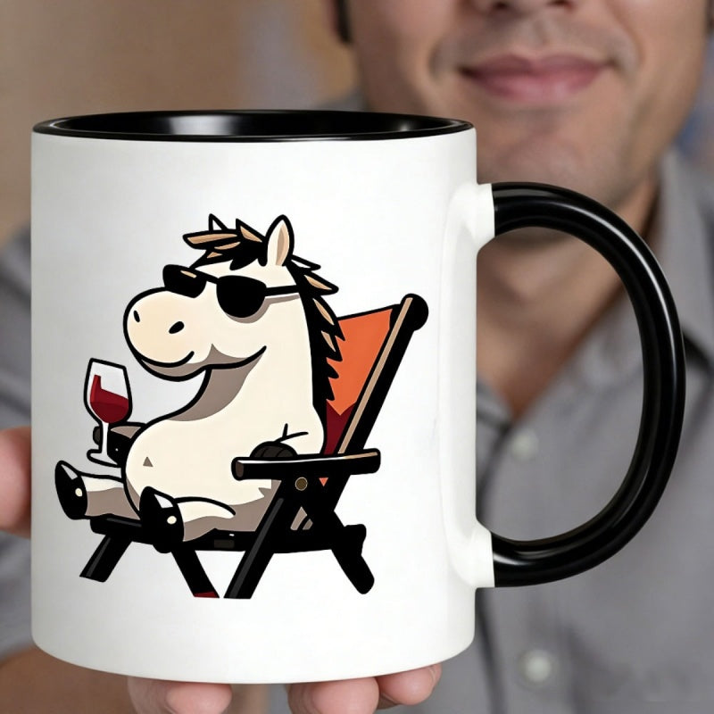 Tailorly Black Accent 11 oz Mug - cartoon horse relaxing in a beach chair with a wine glass