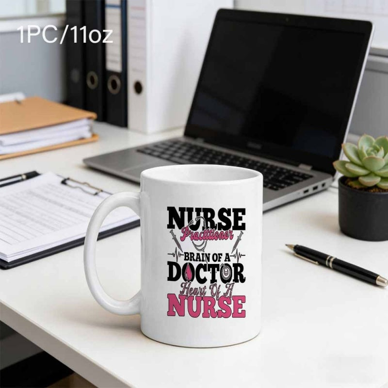 Tailorly White Ceramic 11 oz Mug - Nurse Practitioner Brain Of A Doctor Heart Of A Nurse Minimalist White Ceramic Featuring Medical Icons With Elegant Professional