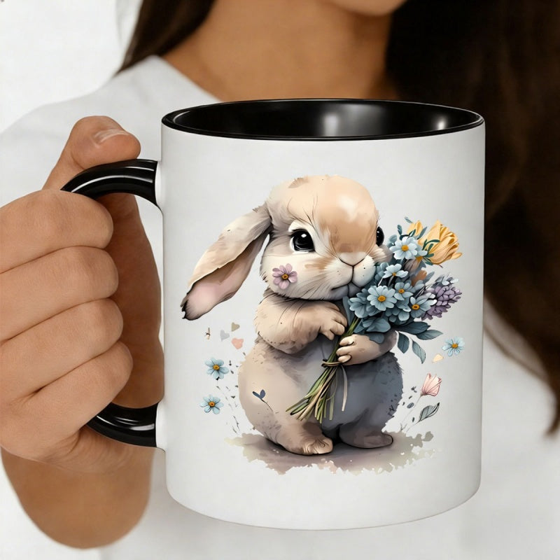 Tailorly Black Accent 11 oz Mug - cute bunny holding a bouquet of flowers with heart accents