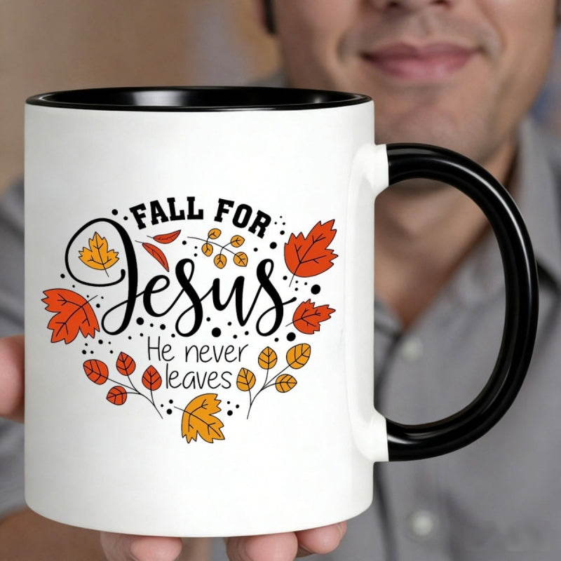 Tailorly Black Accent 11 oz Mug - fall for jesus he never leaves inspirational quote