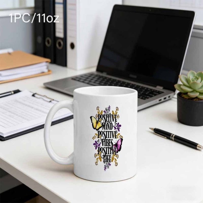 Tailorly White Ceramic 11 oz Mug - Positive Mind Positive Vibes Positive Life Colorful Butterflies Dancing Among Elegant Golden Floral Vines Butterfly
