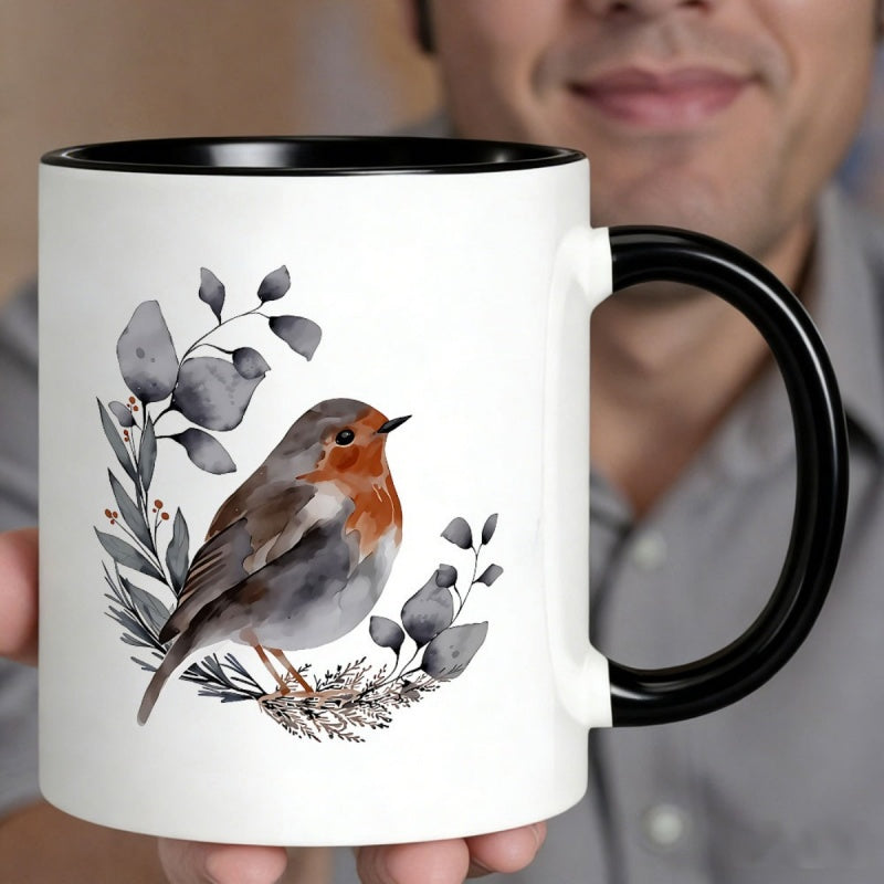 Tailorly Black Accent 11 oz Mug - watercolor bird and gray on black background