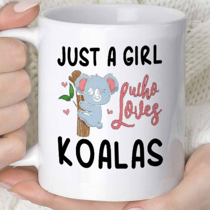Tailorly White Ceramic 11 oz Mug - Just A Girl Who Loves Koalas Cute Cartoon Koala Climbing A Wooden Branch Among Tiny Pink Hearts Koala