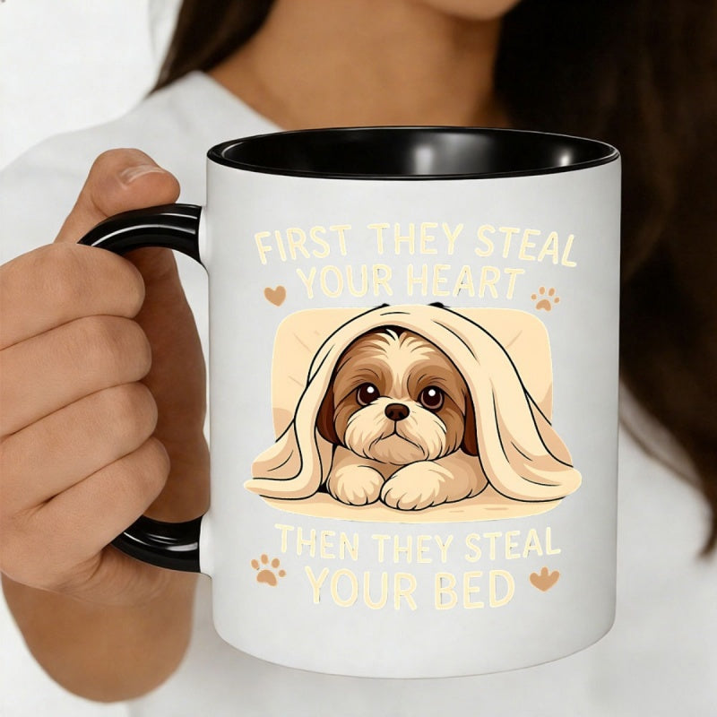 Tailorly Black Accent 11 oz Mug - cute puppy with "steal your heart， steal your bed" quote