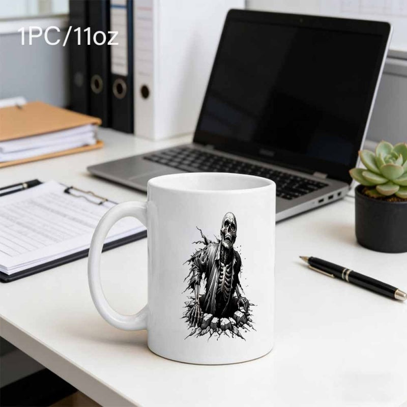 Tailorly White Ceramic 11 oz Mug - Detailed Black And White Gothic Illustration With Tattered Clothes Emerging From Crater Skeleton