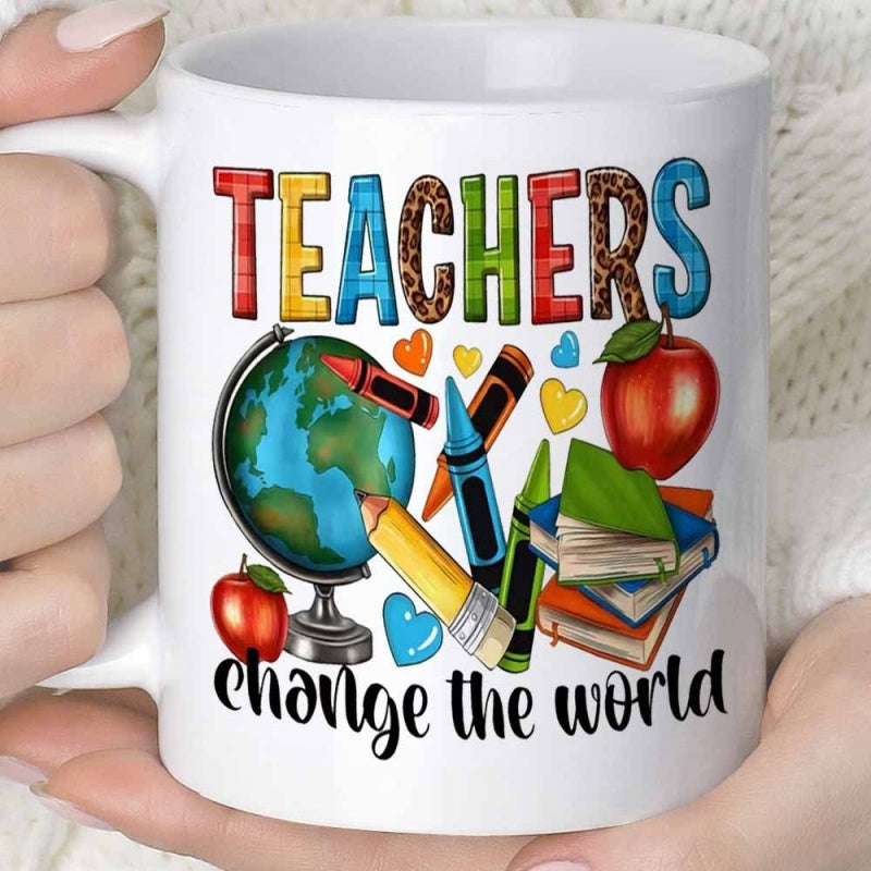 Tailorly White Ceramic 11 oz Mug - Teachers Change The World Colorful School Elements With A Globe Pencils And Red Apple
