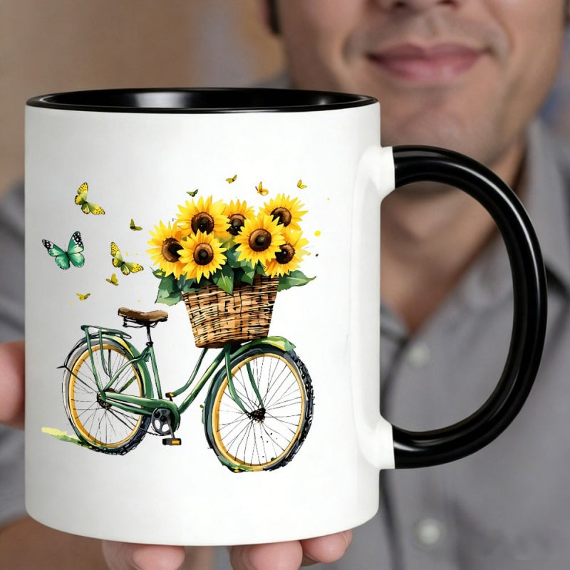 Tailorly Black Accent 11 oz Mug - 11oz ceramic coffee mug with green bicyclesunflower basket butterflies vibrant floral designreusable for office wash