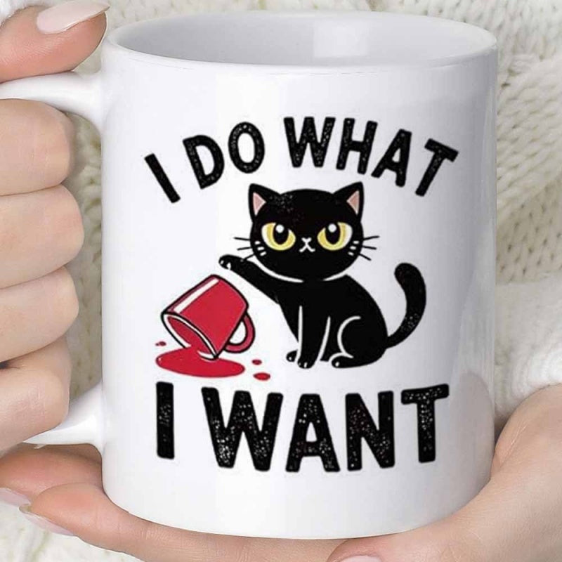 Tailorly White Ceramic 11 oz Mug - I Do What I Want Naughty Black Feline Tipping Over Red Coffee Mug Spill Cat