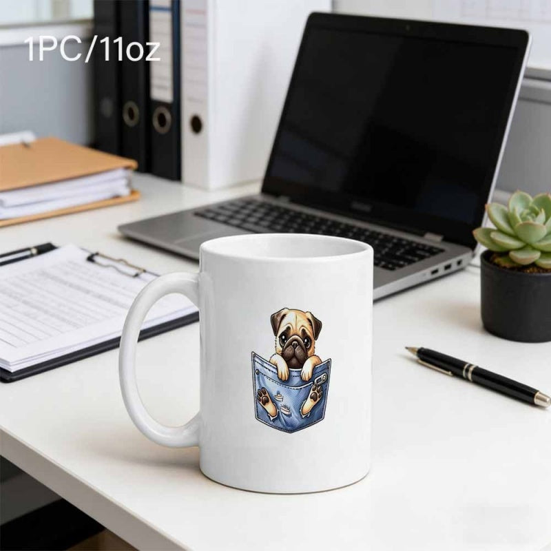 Tailorly White Ceramic 11 oz Mug - Adorable Little Pug Peeking From Inside A Blue Denim Jeans Pocket Pug