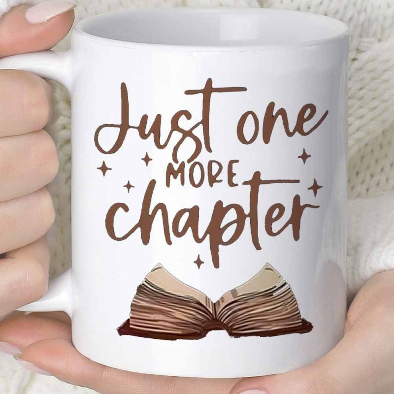 Tailorly White Ceramic 11 oz Mug - Just One More Chapter Open Vintage Pages Surrounded By Small Twinkling Stars Floating Under The Text Book