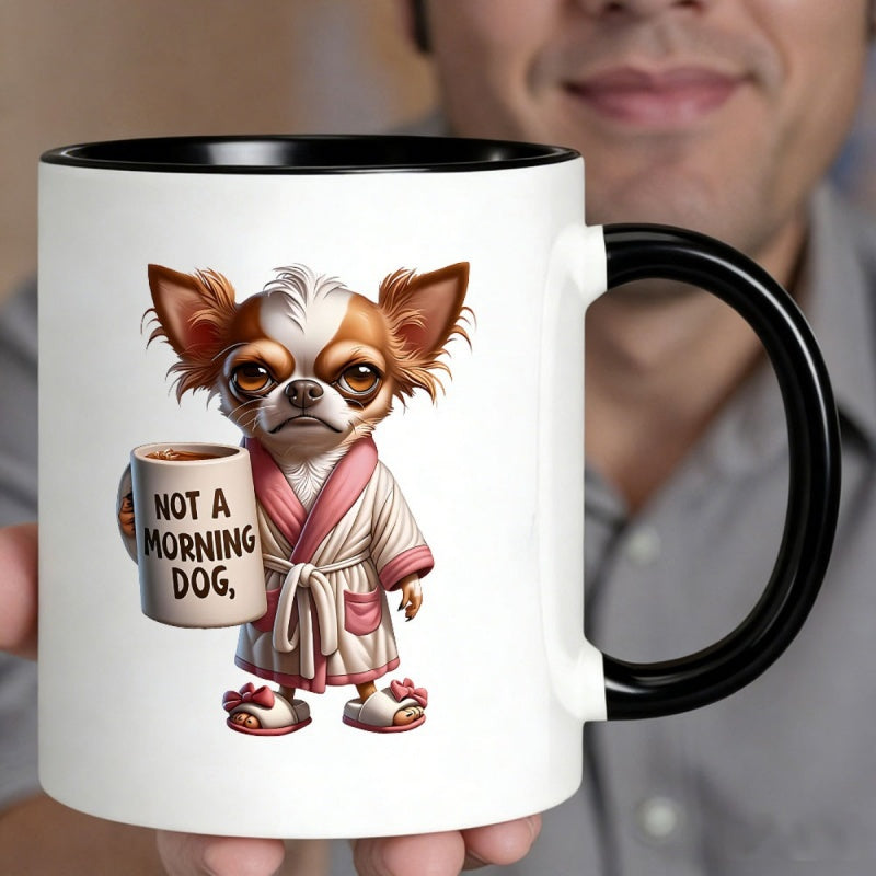 Tailorly Black Accent 11 oz Mug - adorable chihuahua in a robe with "not a morning dog" text
