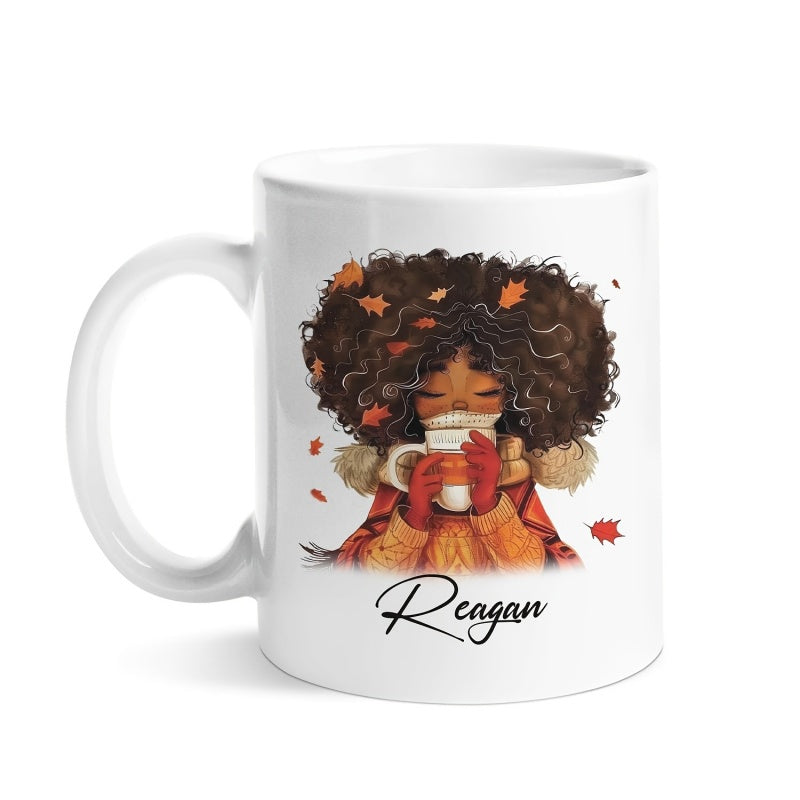 Tailorly White Ceramic 11 oz Mug - Reagan Cozy Autumn Girl With Curly Hair Holding Cup Among Falling Leaves Illustration