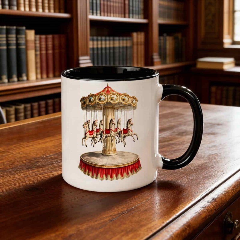 Tailorly Black Accent 11 oz Mug - carousel horses with red and golden details