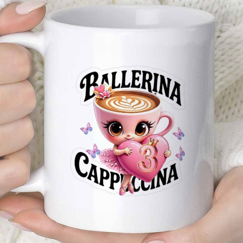 Tailorly White Ceramic 11 oz Mug - Ballerina Cappuccina 3 Adorable Pink Coffee Cup Wearing Tutu Holding A Heart Character