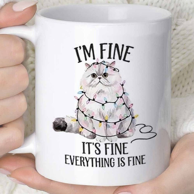 Tailorly White Ceramic 11 oz Mug - Im Fine Its Fine Everything Is Fine Fluffy White Persian Cat Wrapped In Festive Colorful Fairy Lights Cat