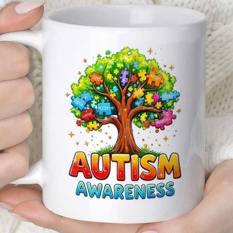 Tailorly White Ceramic 11 oz Mug - Autism Awareness Vibrant Tree With Colorful Puzzle Piece Leaves Among Sparkling Stars Tree