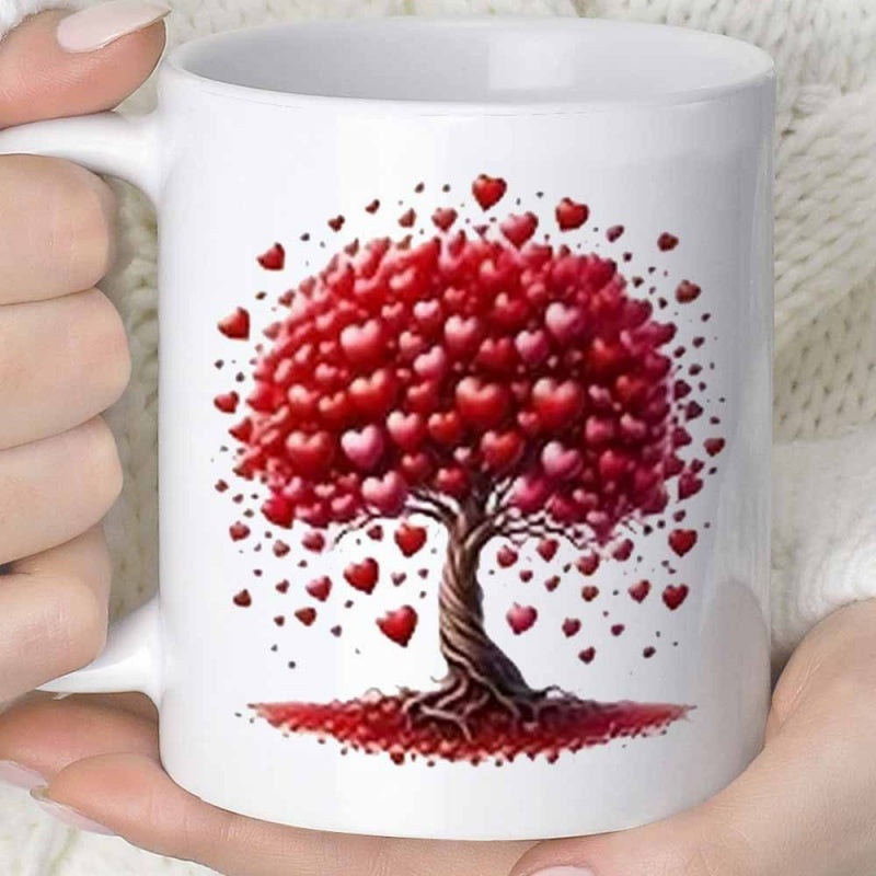 Tailorly White Ceramic 11 oz Mug - Vibrant Red Hearts Forming A Blooming Canopy On A Twisted Trunk Tree