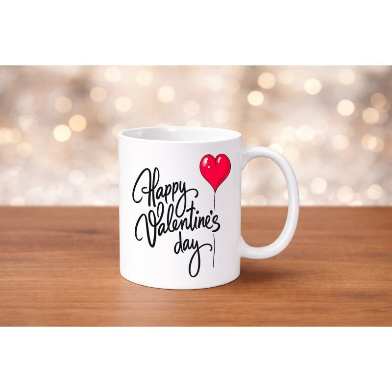 Tailorly White Ceramic 11 oz Mug - Happy Valentines Day Floating Red Heart Shaped Balloon On A