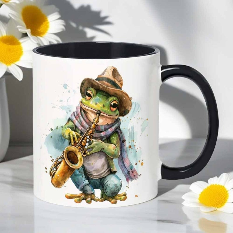 Tailorly Black Accent 11 oz Mug - hat wearing frog playing saxophone